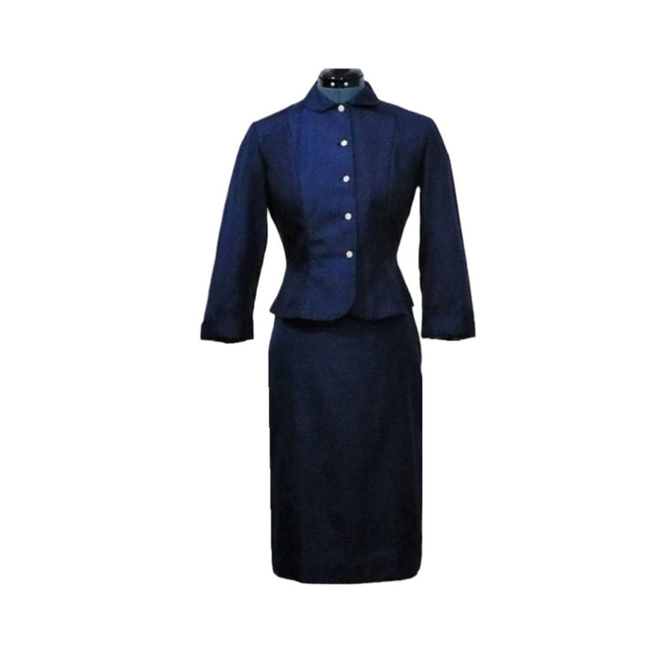 1950s Polished Rayon Blue Skirt Suit (Size: Small/Medium)