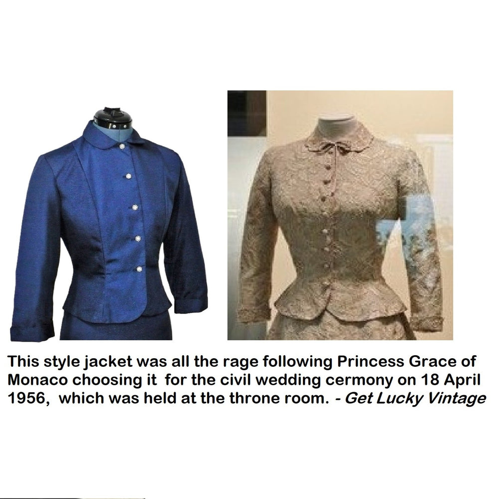Two jackets, one blue and one beige, on mannequins with text about Princess Grace of Monaco's choice.