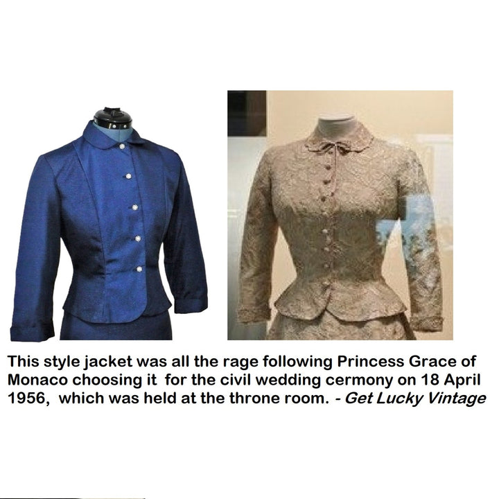 Two jackets, one blue and one beige, on mannequins with text about Princess Grace of Monaco's choice.
