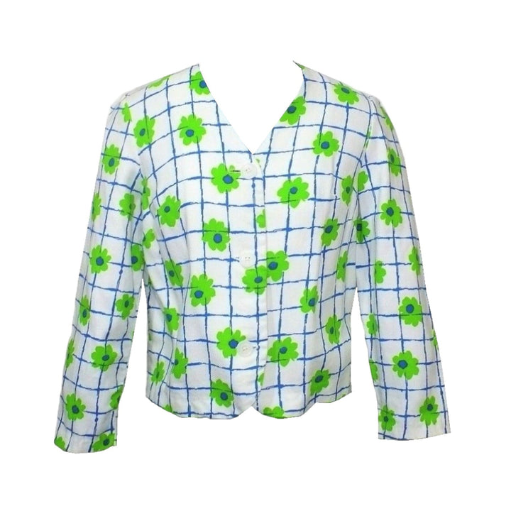 1970s Vintage Mod Flower Power Lattice Print Boxy Jacket on dress form.
