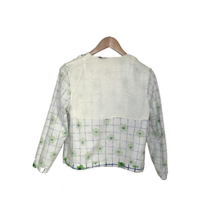 1970s Vintage Mod Flower Power Lattice Print Boxy Jacket shown backwards and inside out, on a hanger - reveals half lining that prevents bulking.