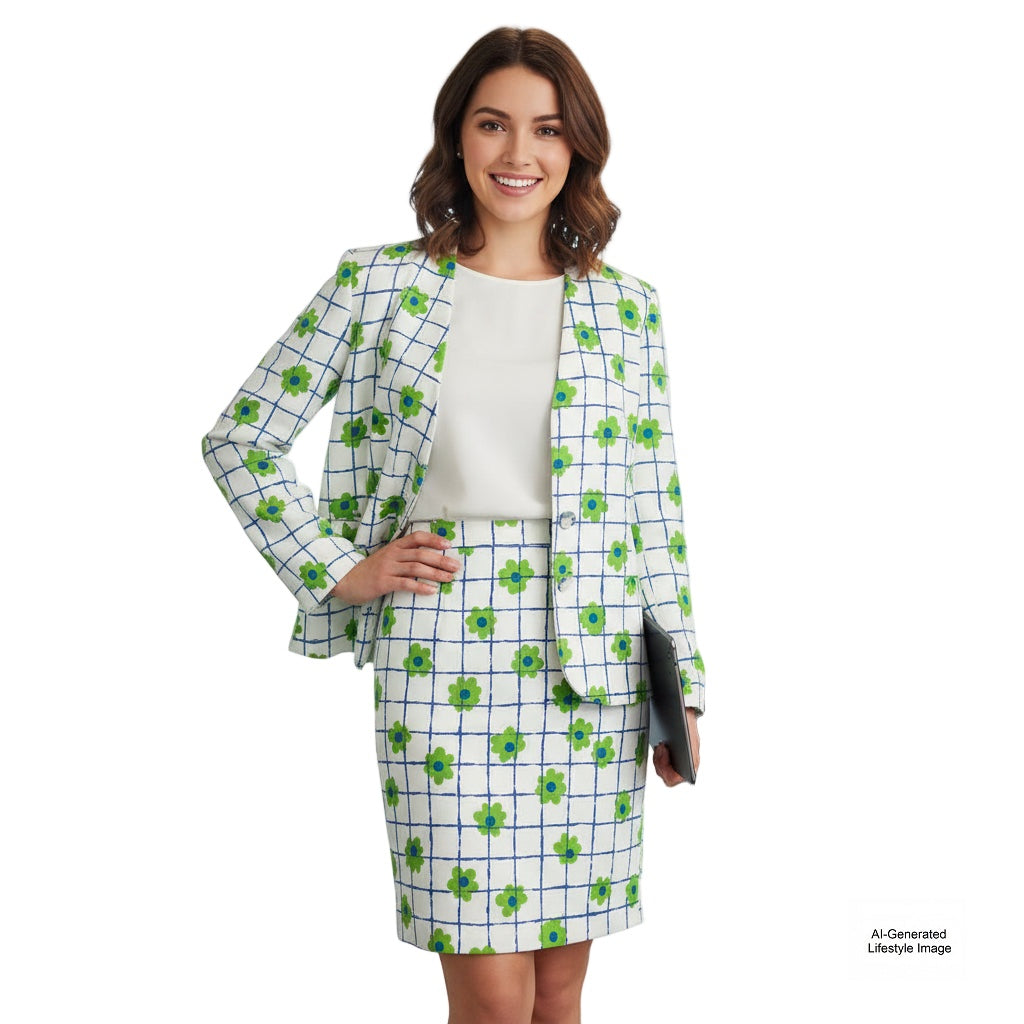 1970s Mod Flower Power Skirt Suit  displayed as an ai generated lifestyle shot on brunette model, front view.
