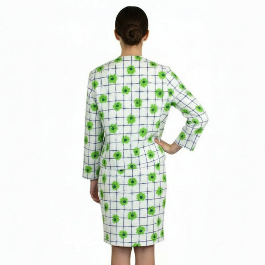 1970s Vintage Mod Flower Power Lattice Print Skirt Suit backv iew.