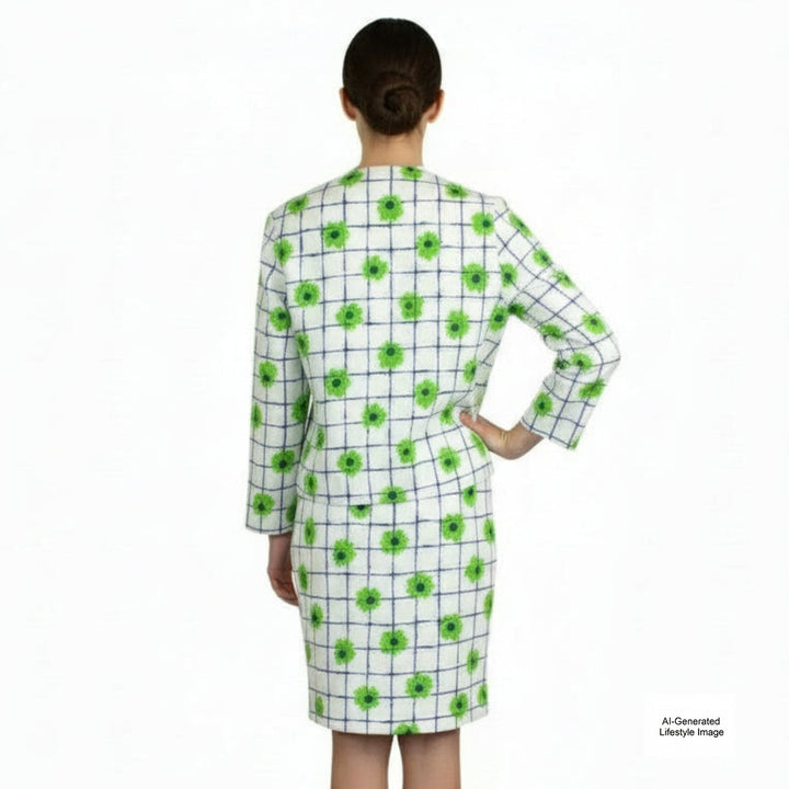 1970s Mod Flower Power Skirt Suit  displayed as an ai generated lifestyle shot on brunette model, back view.