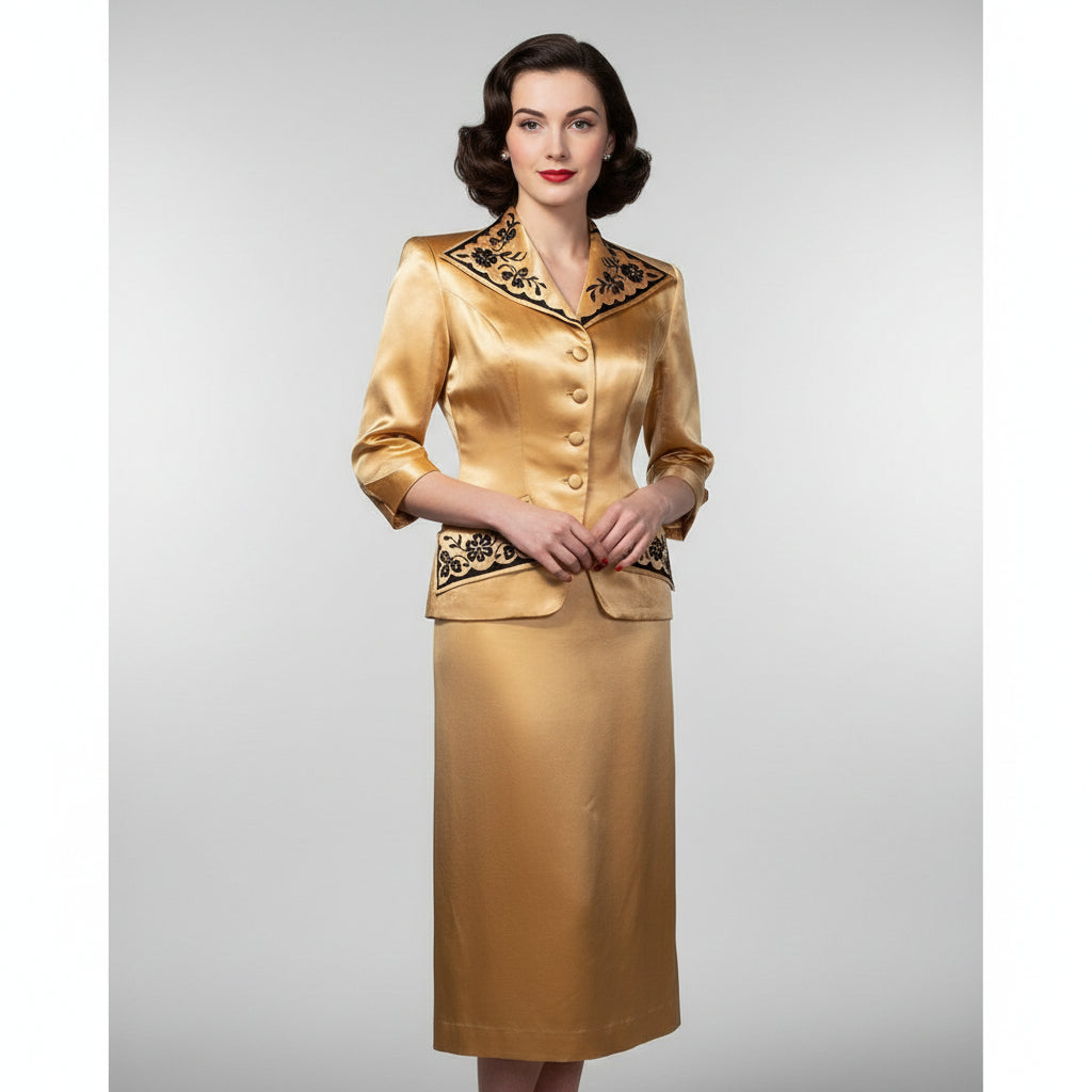 ca. 1940 Vintage Post War Silk Satin Semi-formal Skirt Suit on model.