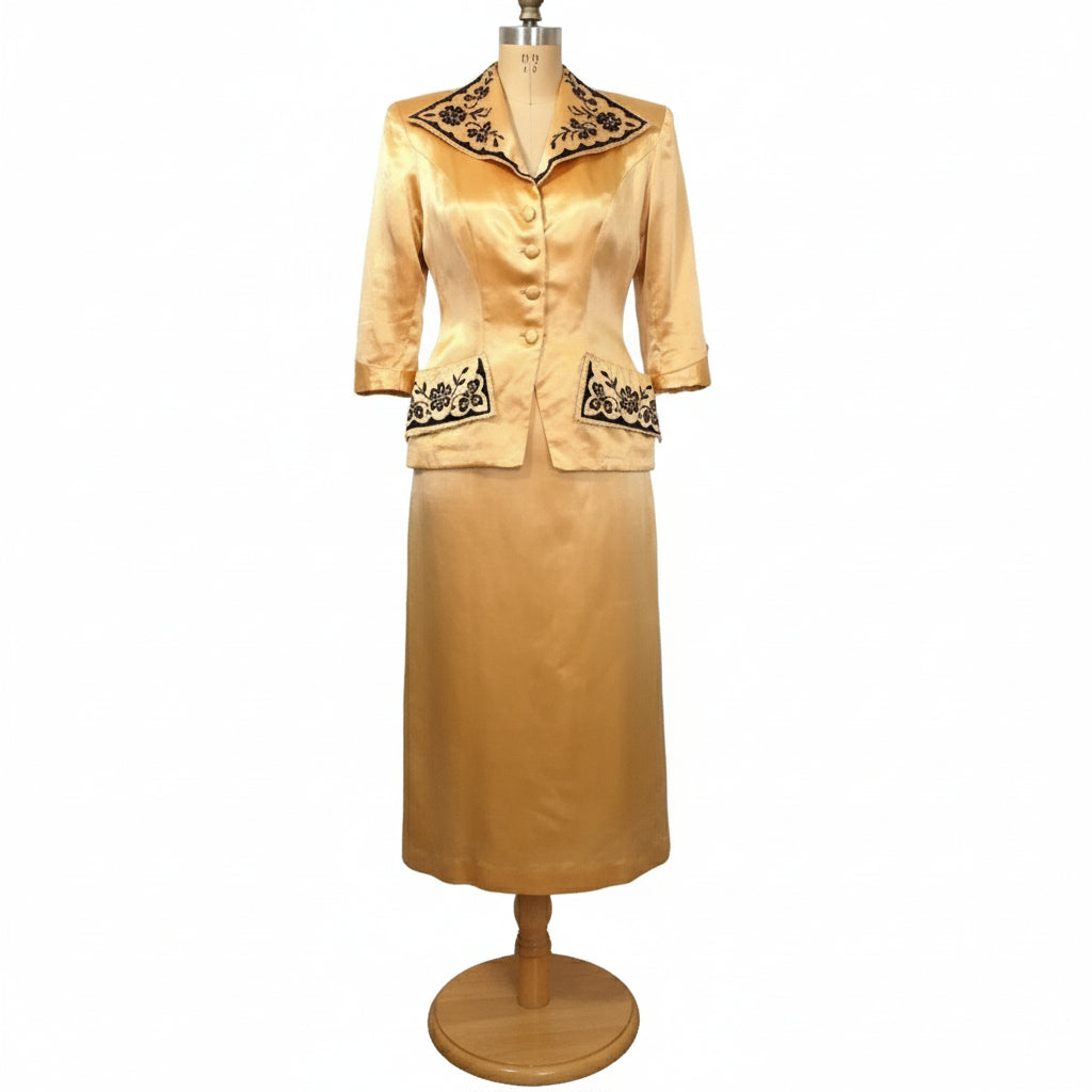 ca. 1940 Vintage Post War Silk Satin Semi-formal Skirt Suit on  dress form.