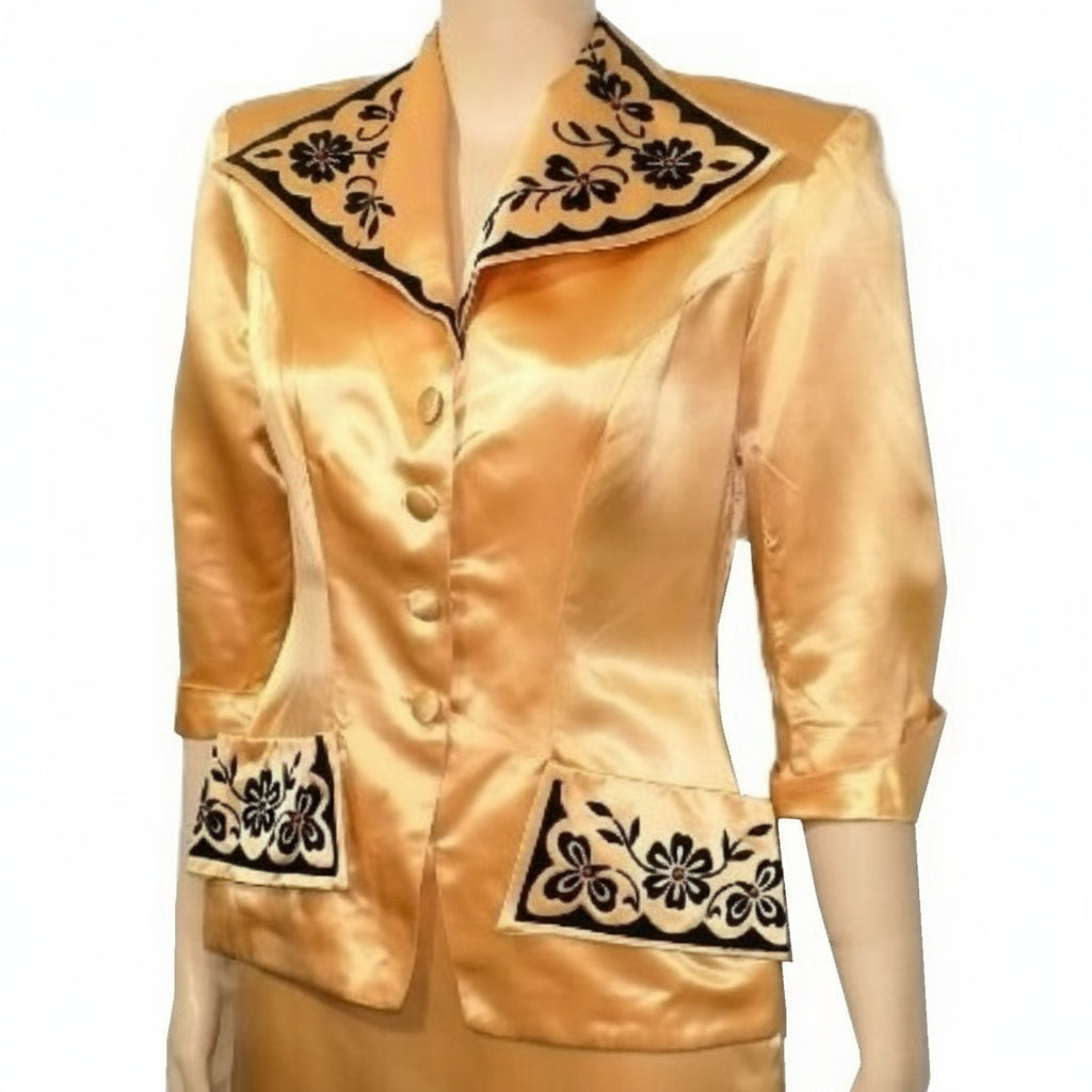 ca. 1940 Vintage Post War Silk Satin Semi-formal Skirt Suit on model.