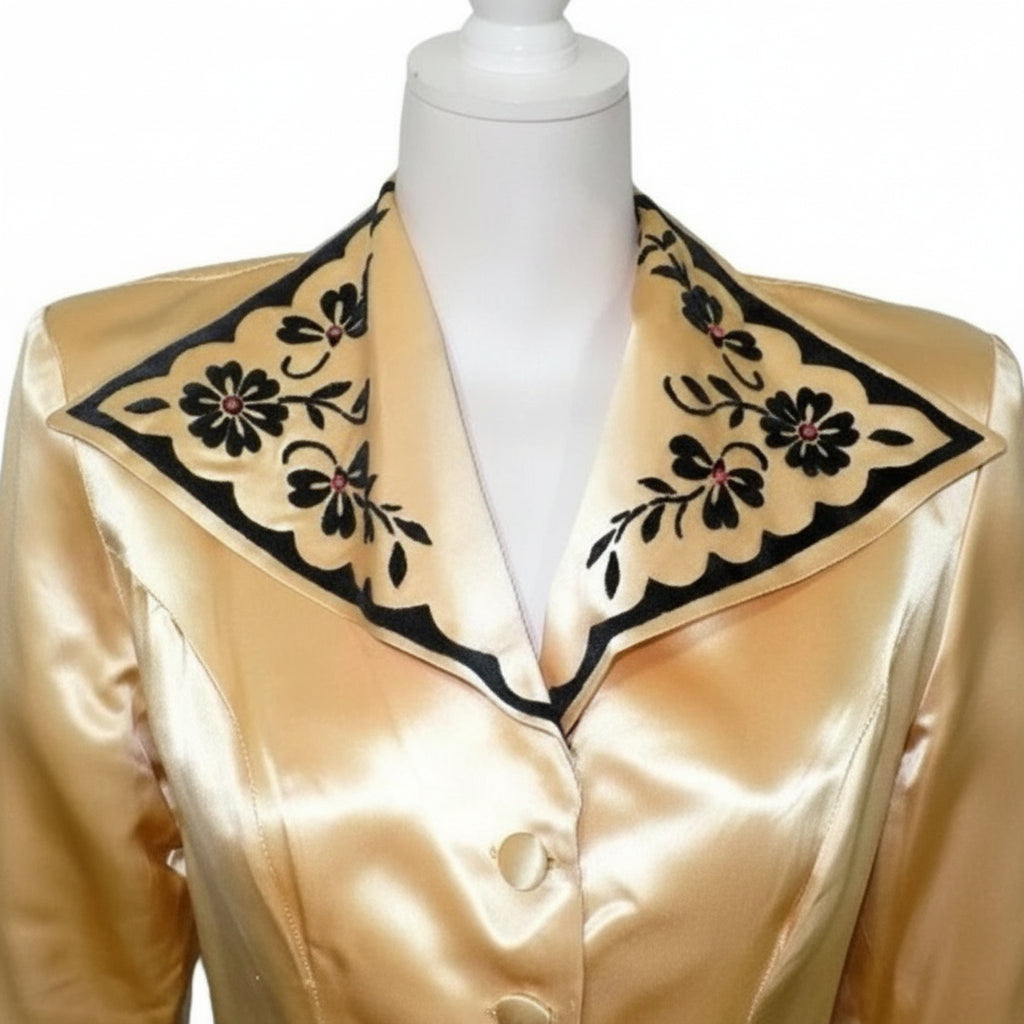 ca. 1940 Vintage Post War Silk Satin Semi-formal Skirt Suit collar featured.