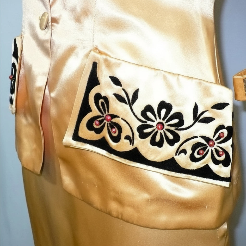 ca. 1940 Vintage Post War Silk Satin Semi-formal Skirt Suit pocket flap detail.