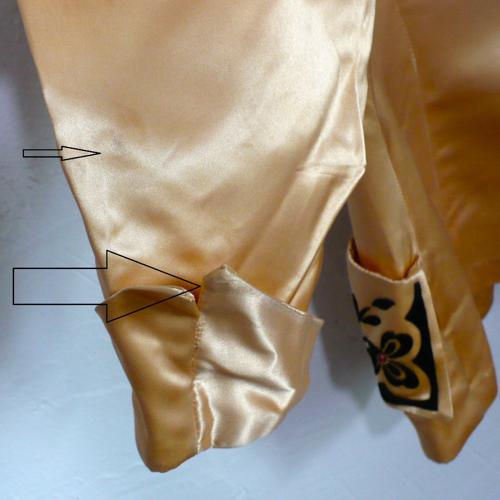 ca. 1940 Vintage Post War Silk Satin Semi-formal Skirt Suit sleeve deatil showing spots.