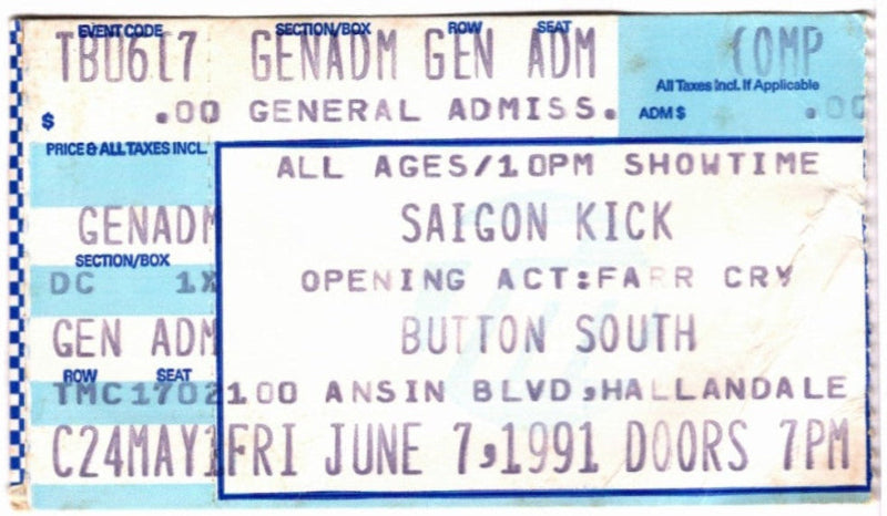 Saigon Kick 1991 Vintage Ticket Stub, front.