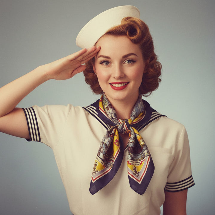 Woman in vintage sailor outfit with a colorful 1940s Vintage WWII US Navy Silk Souvenir Scarf. saluting against a gray background