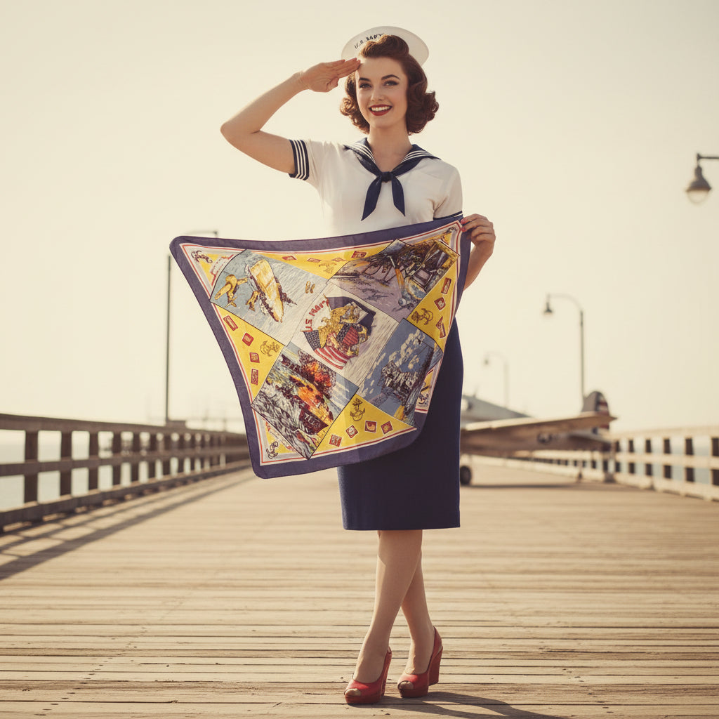 Woman in vintage sailor outfit holding a c1940s Vintage WWII US Navy Silk Souvenir Scarf. n a wooden pier.