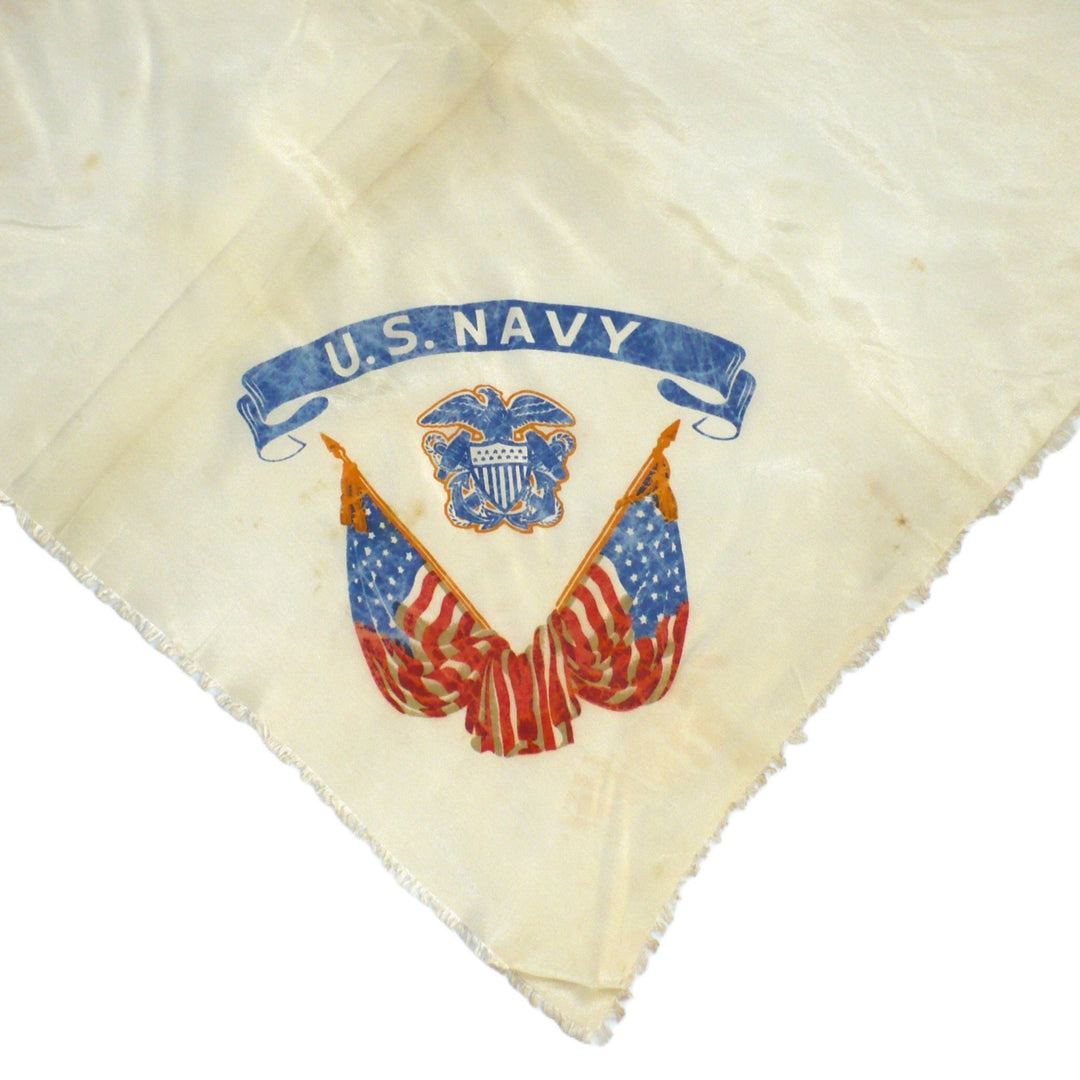 1940s Vintage WWII US Navy Cold Rayon Scarf 25 x 24 War Memorabilia, enlarged insignia on the corner.