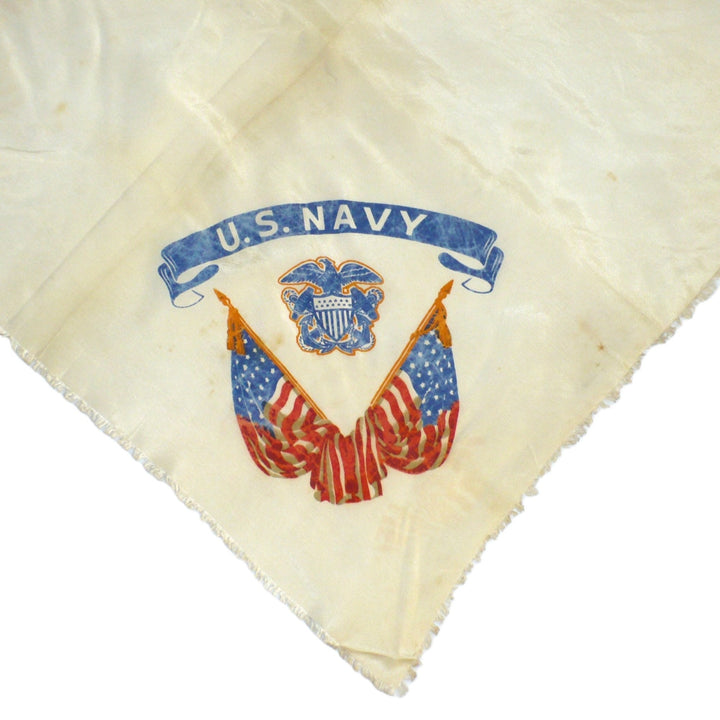 1940s Vintage WWII US Navy Cold Rayon Scarf 25 x 24 War Memorabilia, enlarged insignia on the corner.
