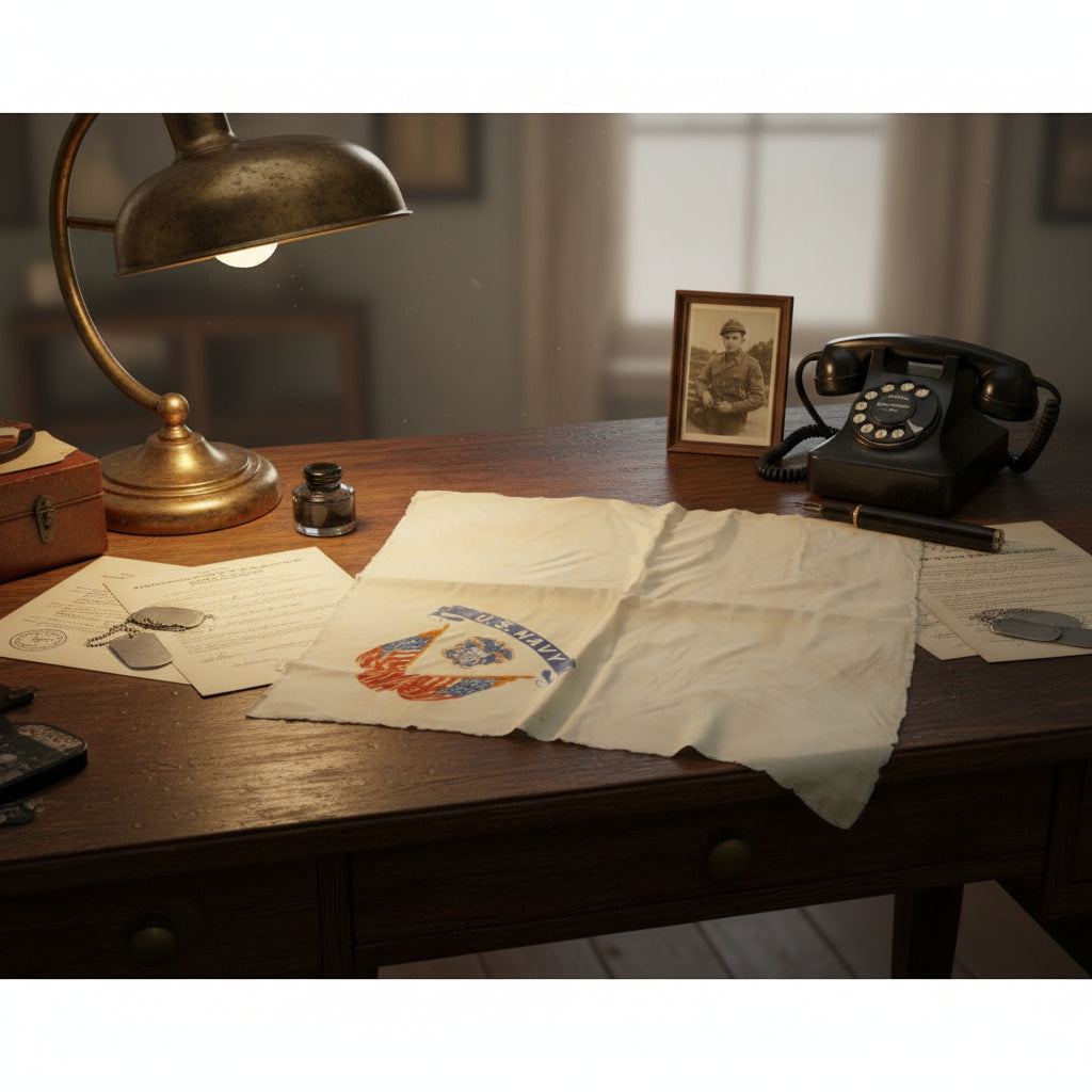 1940s Vintage WWII US Navy Cold Rayon Scarf on WW2 era soldier's desk.