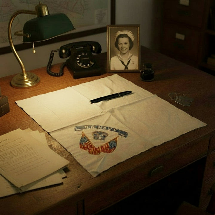 1940s Vintage WWII US Navy Cold Rayon Scarf on WW2 era soldier's desk with Navy nurse sweetheart in photo on the desk.
