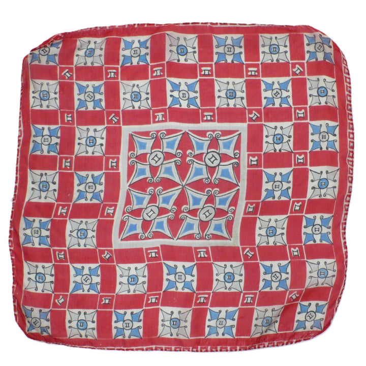 1940s Vintage Red Gemini Tile Textile Print Silk Scarf.