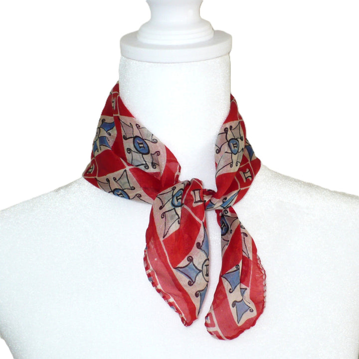 1940s Vintage Red Gemini Tile Textile Print Silk Scarf .