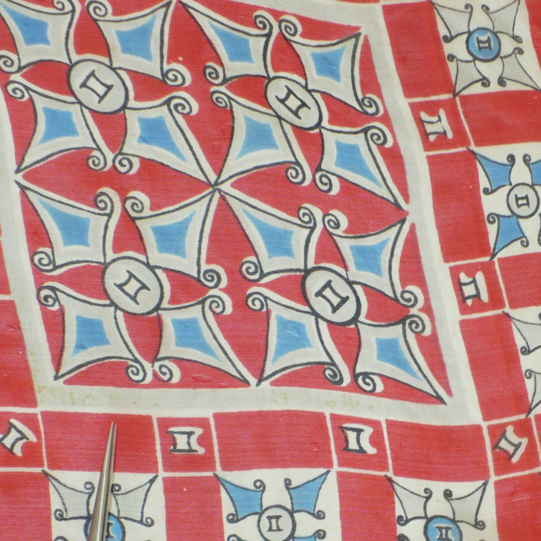 1940s Vintage Red Gemini Tile Textile Print Silk Scarf .
