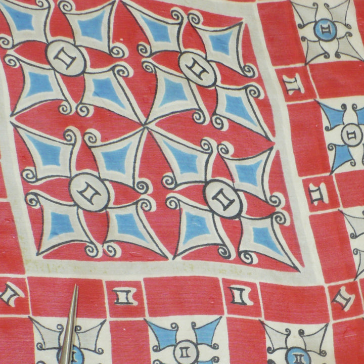 1940s Vintage Red Gemini Tile Textile Print Silk Scarf .