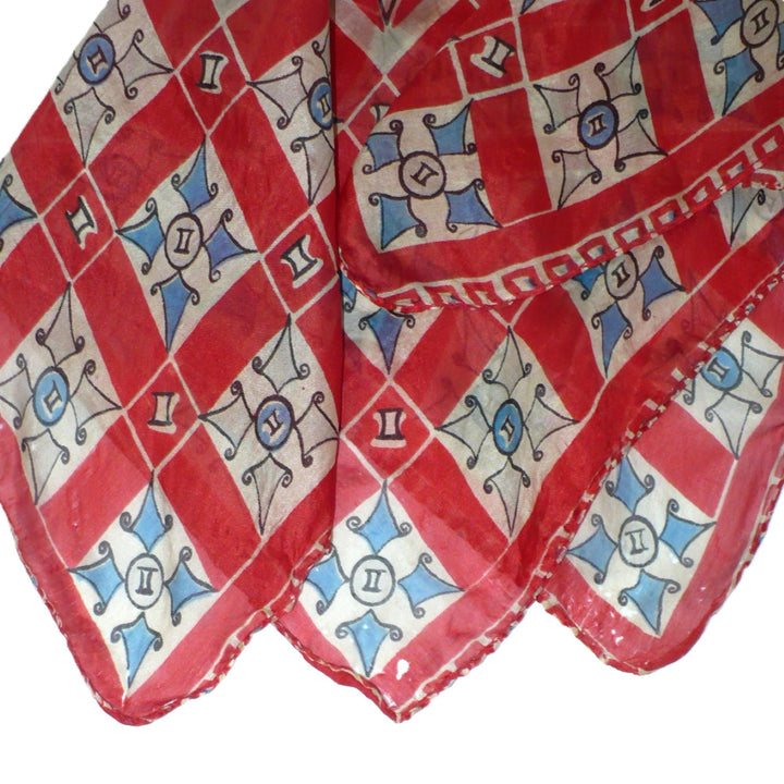 1940s Vintage Red Gemini Tile Textile Print Silk Scarf .