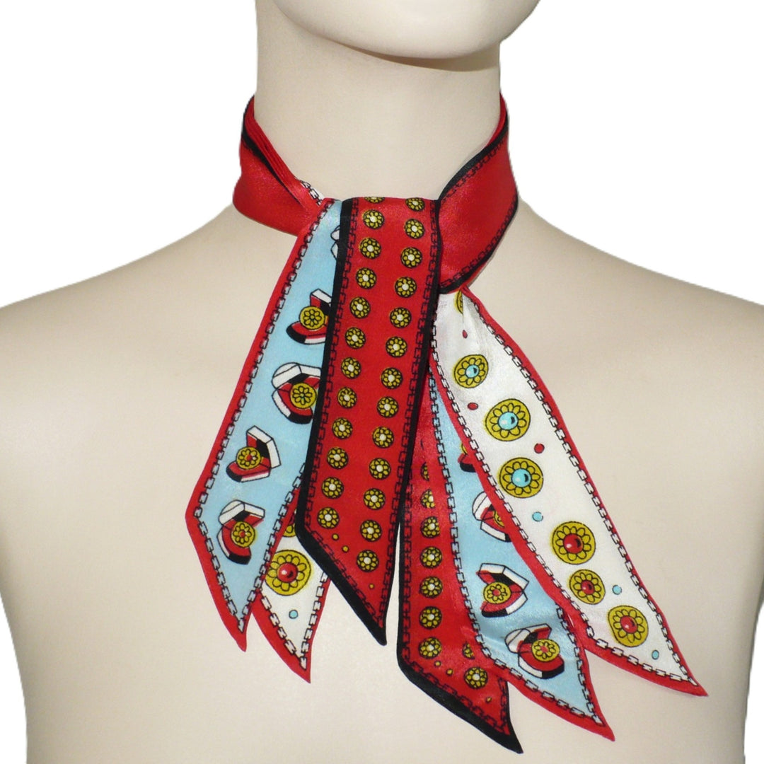 1950s Vintage Silk Jewelry Print Tri-Tie Cross Tie By Baar and Beards.on mannequin.