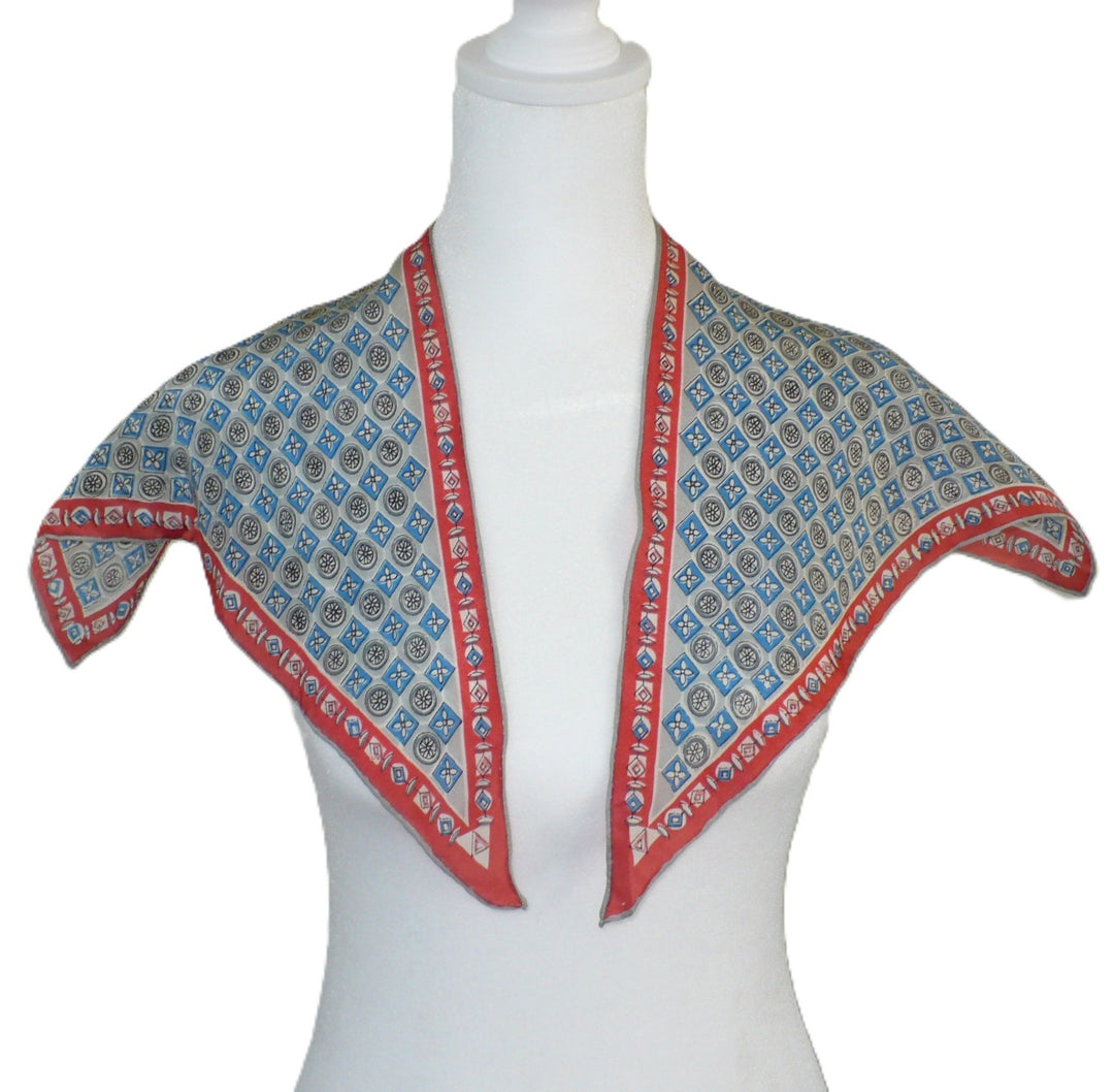 1940s Vintage Silk Red Foulard Print Twin-Tip Scarf by Baar and Beards.