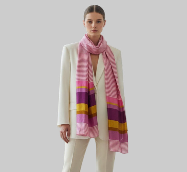 Versatile 1960s Vintage Striped Pinks Long Taffeta Scarf, Stole, Sash on a woman in a white pants suit, styled as a neck scarf, white background.