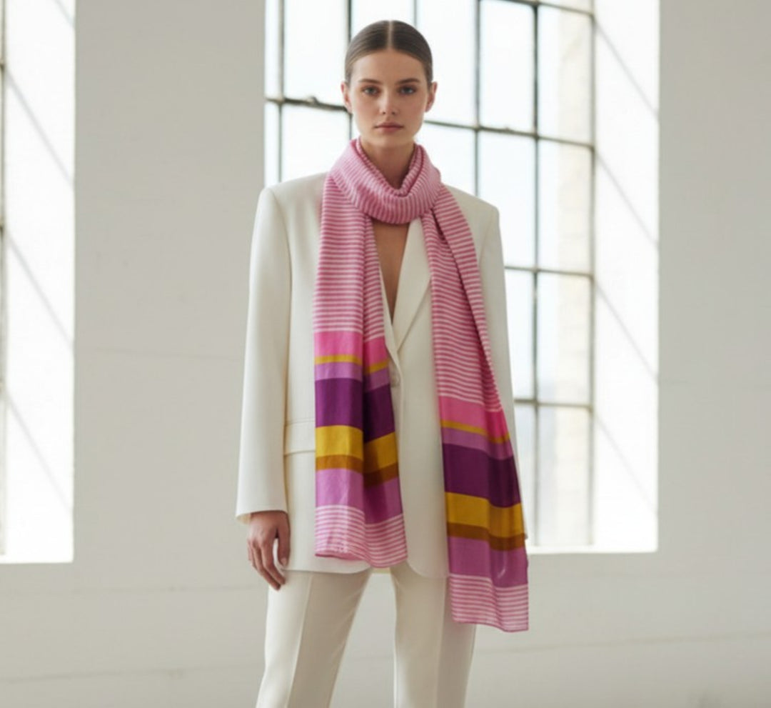 Woman wearing a Versatile 1960s Vintage Striped Pinks Long Taffeta Scarf, Stole, Sash in a bright room with large windows.