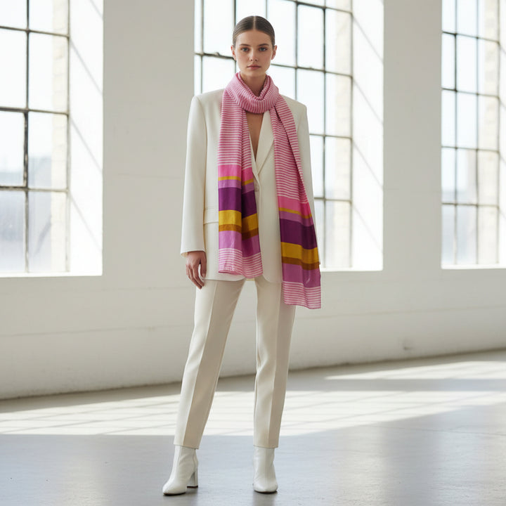 Versatile 1960s Vintage Striped Pinks Long Taffeta Scarf, Stole, Sash on wa woman in a white pantsuit with windows behind her, styled as a scarf.