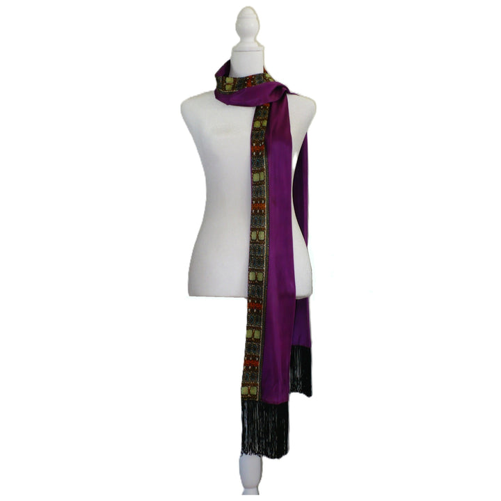 1920s Vintage Long Silk Jersey Knit Bohemian Gypsy Scarf or Sash on dress form.