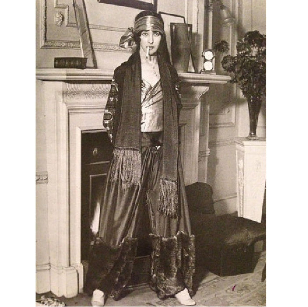1920s actual antique image of Long Bohemian Scarf worn as part of a "woman's smoking suit" shown for historical reference.
