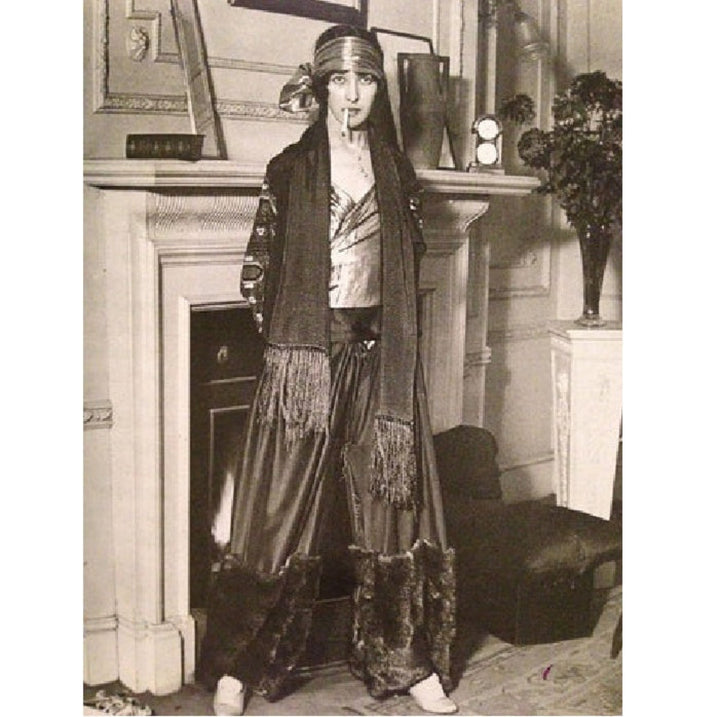 1920s actual antique image of Long Bohemian Scarf worn as part of a "woman's smoking suit" shown for historical reference.