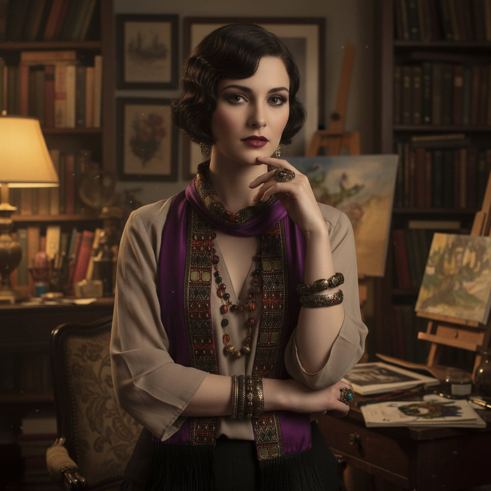 1920s Vintage Long Silk Jersey Knit Bohemian Gypsy Scarf or Sash on AI model.