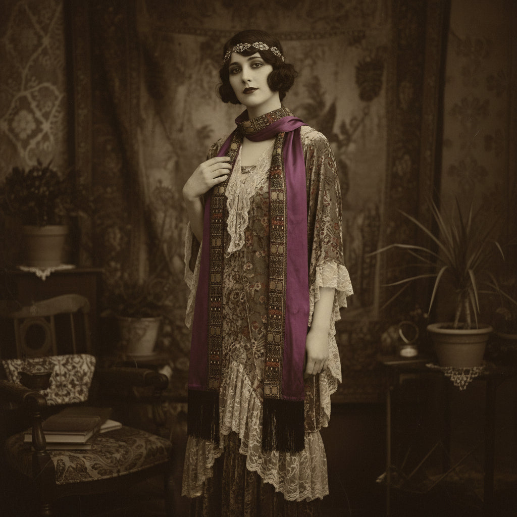 1920s Vintage Long Silk Jersey Knit Bohemian Gypsy Scarf or Sash on imposed on AI model.