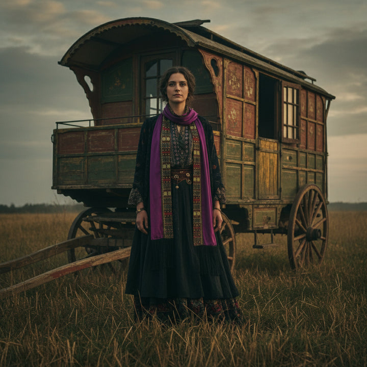 Gypsy fashion vibe... 1920s ilk scarf on AI model.