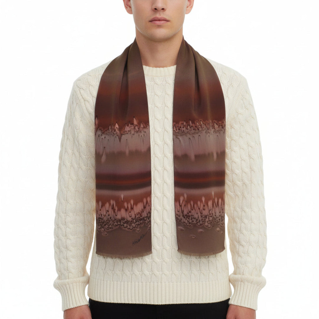 1980s Vintage Gentleman's Silk Luxury Scarf by Kriska n man in white cableknit sweater with white background,