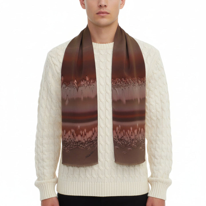 1980s Vintage Gentleman's Silk Luxury Scarf by Kriska n man in white cableknit sweater with white background,