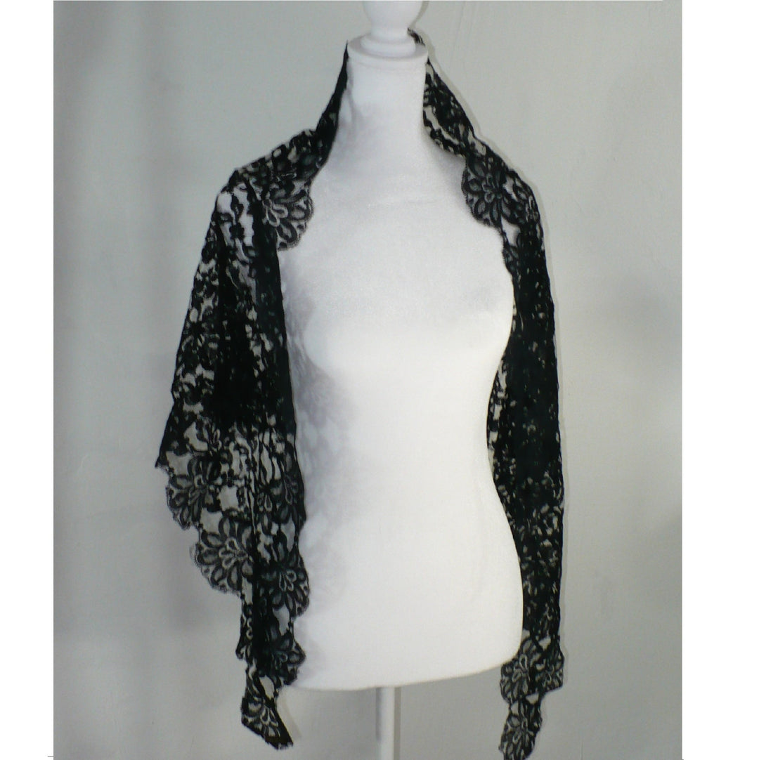 1960 Vintage Black French Liturgical Lace Mantilla Scarf.