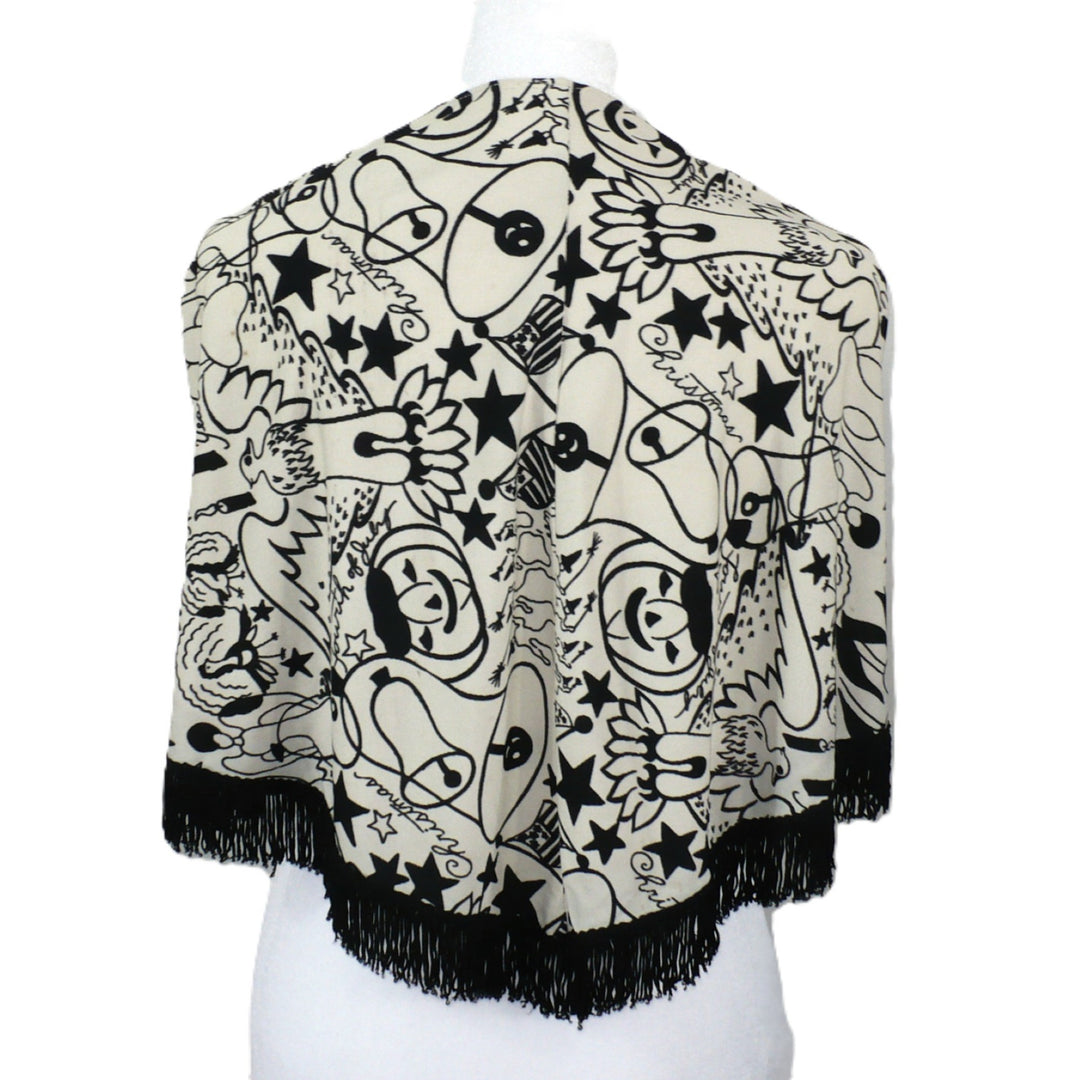 1960s Vintage Black Graphic Holidays Novelty Print Fringed Shawl.