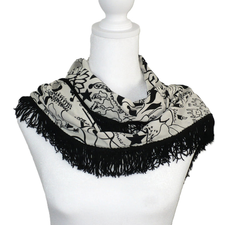 1960s Vintage Black Graphic Holidays Novelty Print Fringed Shawl.