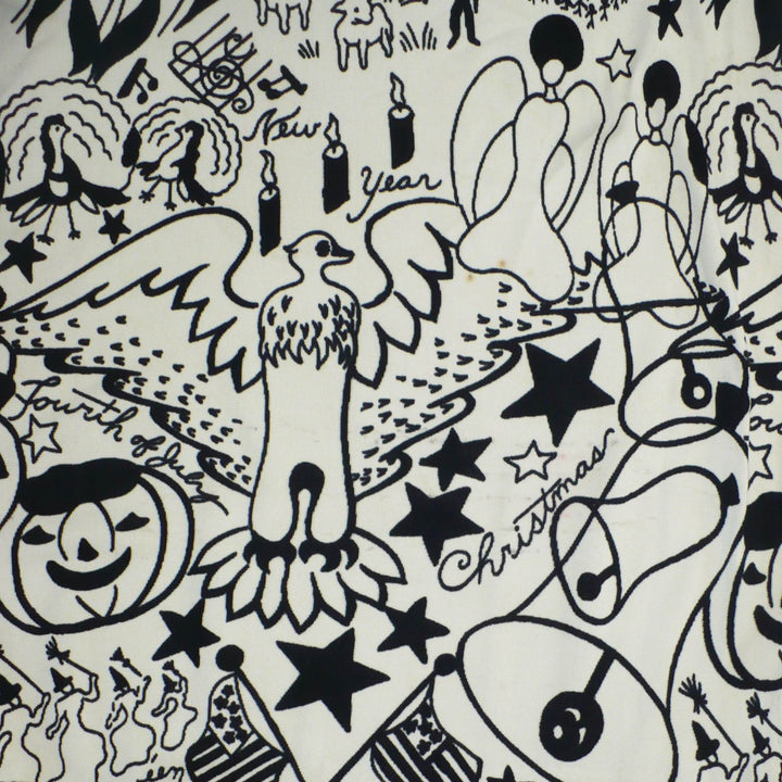 1960s Vintage Black Graphic Holidays Novelty Print Fringed Shawl.