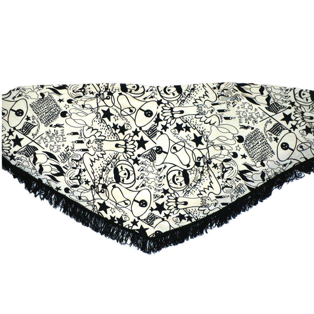 1960s Vintage Black Graphic Holidays Novelty Print Fringed Shawl.