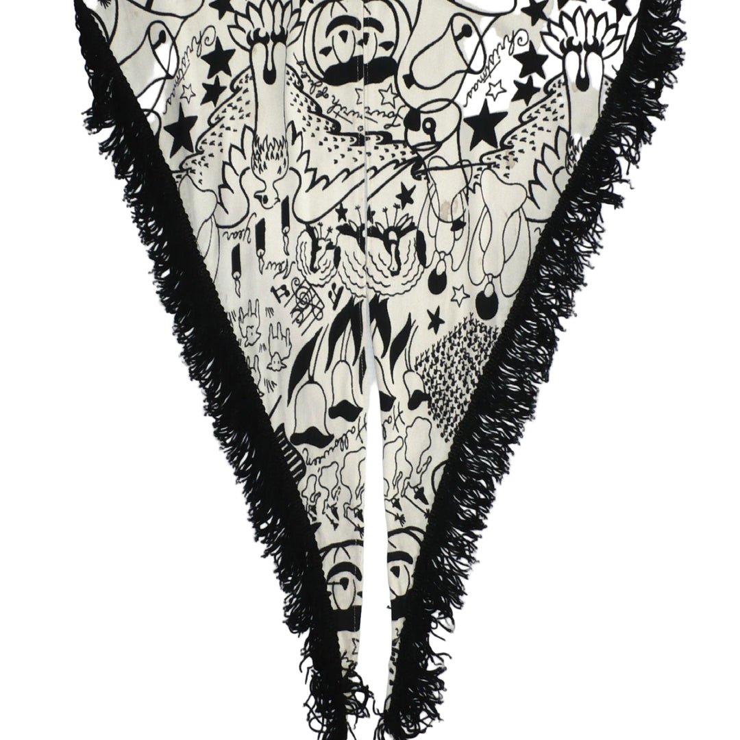 1960s Vintage Black Graphic Holidays Novelty Print Fringed Shawl.