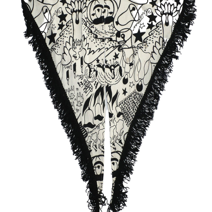 1960s Vintage Black Graphic Holidays Novelty Print Fringed Shawl.