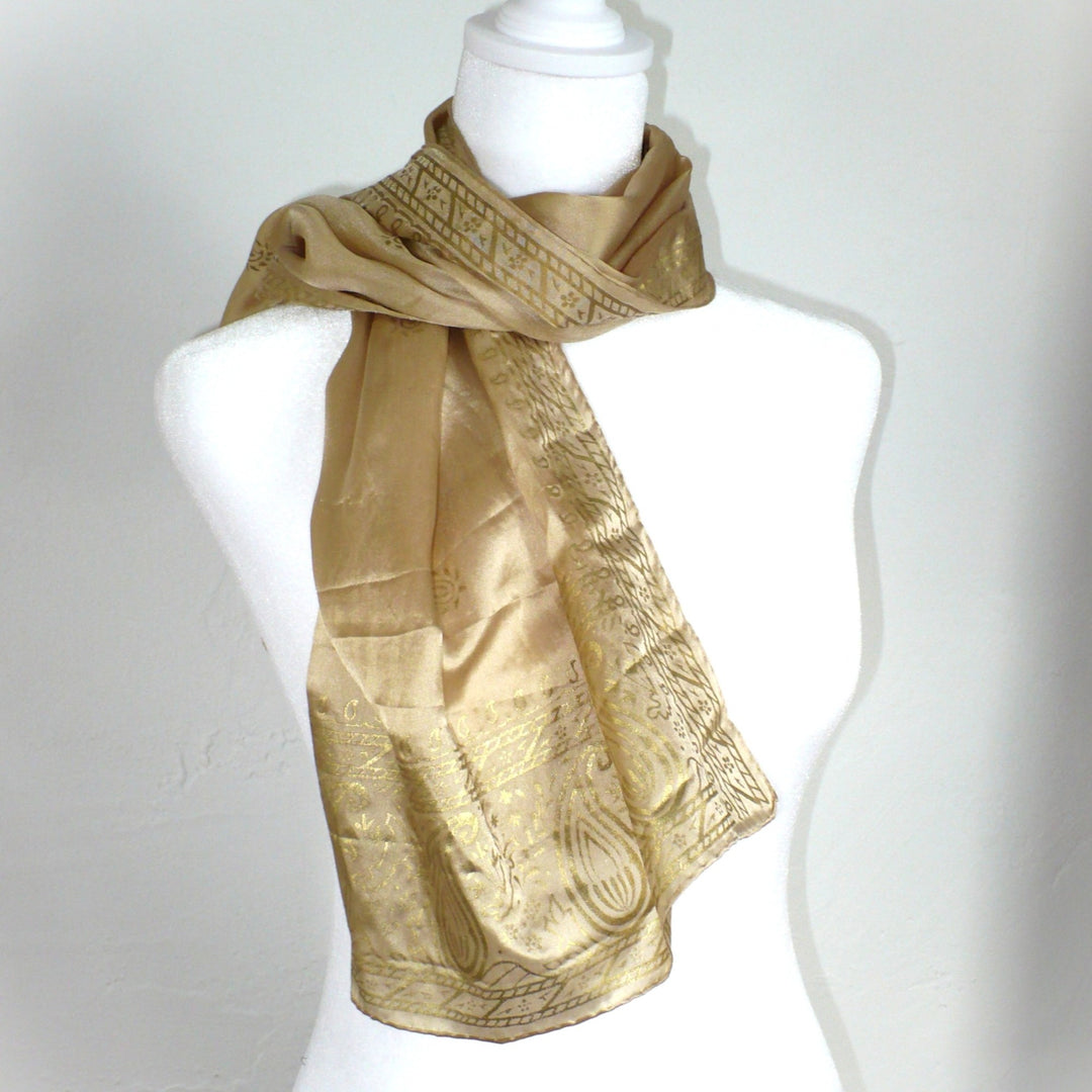 1960s Vintage Gold Embossed Paisley Silk Scarf.