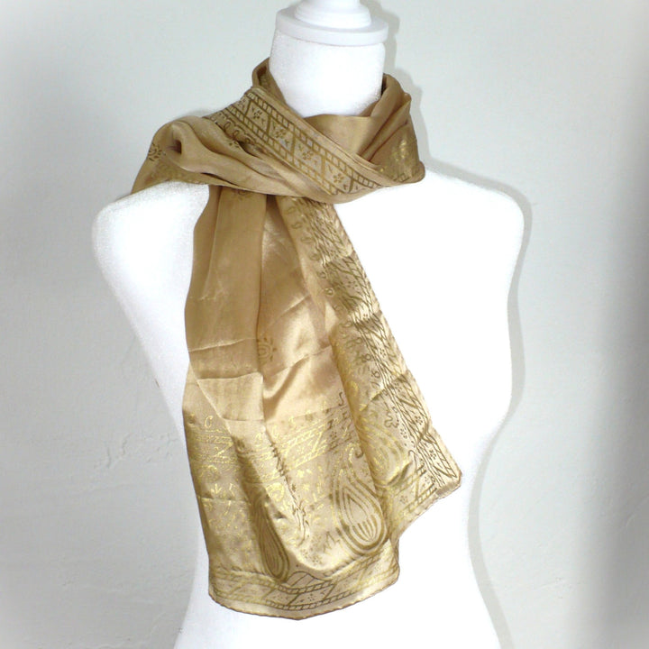 1960s Vintage Gold Embossed Paisley Silk Scarf.