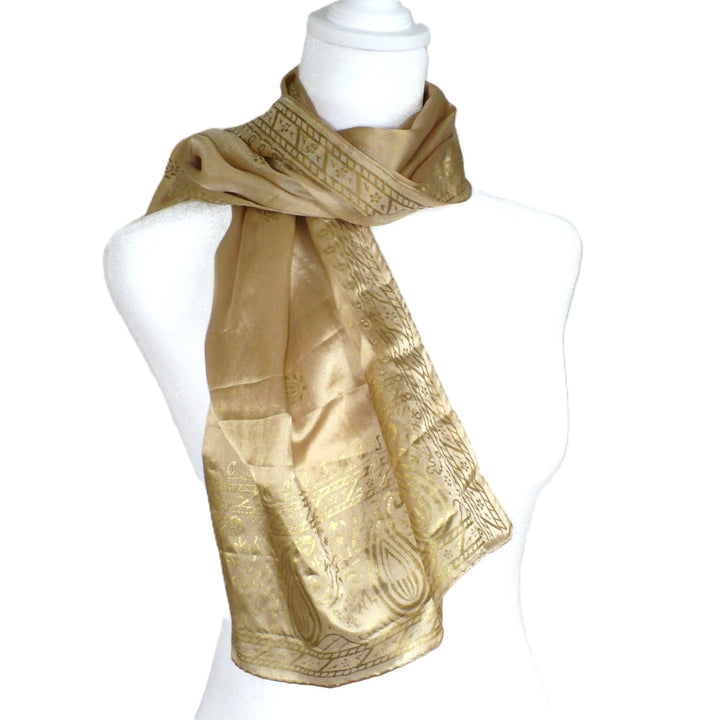 1960s Vintage Gold Embossed Paisley Silk Scarf.