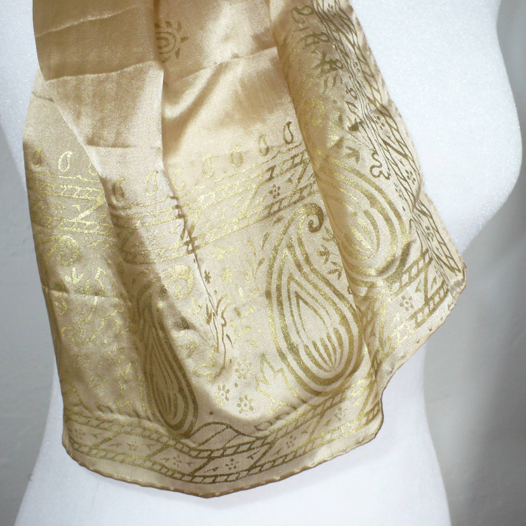 1960s Vintage Gold Embossed Paisley Silk Scarf.